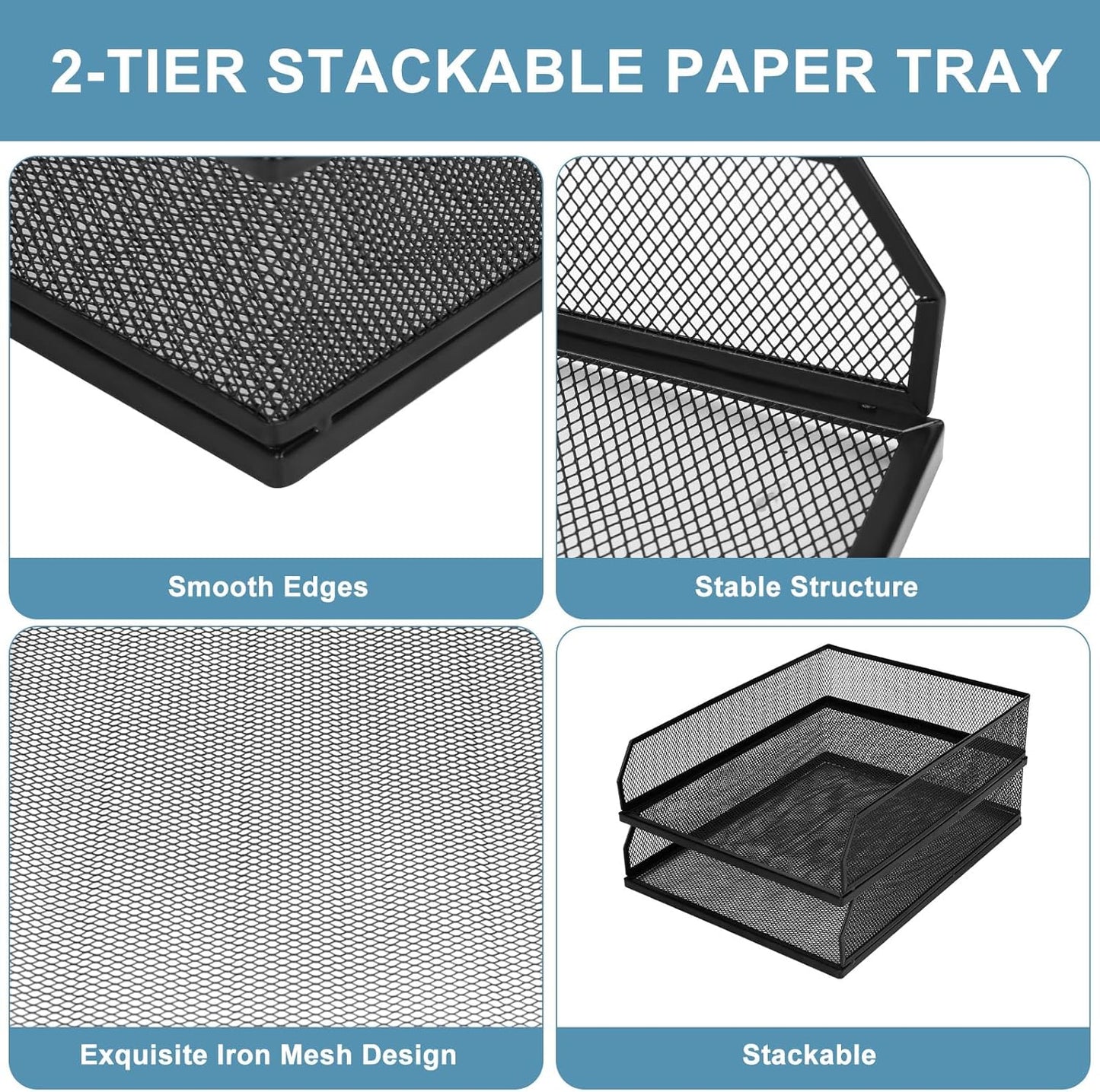 Stackable Paper Tray Organizer, Metal Mesh Wire Letter Tray, Letter Trays Organizers, Front-Load Paper Holder Storage for Office, School, Home,2 Pcs