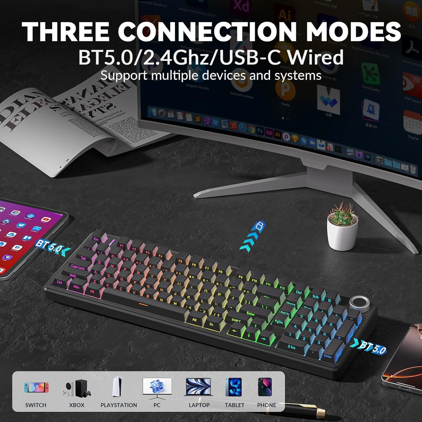 AULA F99 Pro Wireless Mechanical Keyboard-Silent Version,BT5.0/2.4GHz/USB-C Hot Swappable Custom Keyboard,Gasket Structure,Pre-lubed Linear Switches RGB Backlit Computer Gaming Keyboards,Black