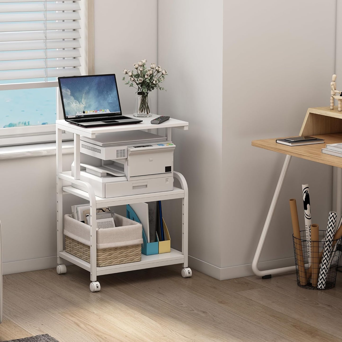 White Printer Stand with Storage, 3 Tier Printer Table with Height Adjustable Shelf, Rolling Printer Cart with Wheels for Home Office Organization