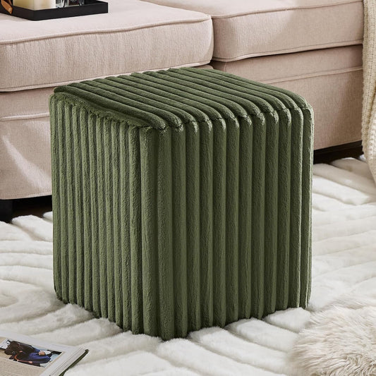Modern Square Ottoman, Vertical Channel Tufted Foot Stool Ottoman, Velvet Upholstered Vanity Stool for Makeup, Bedroom, Living Room, Dark Green