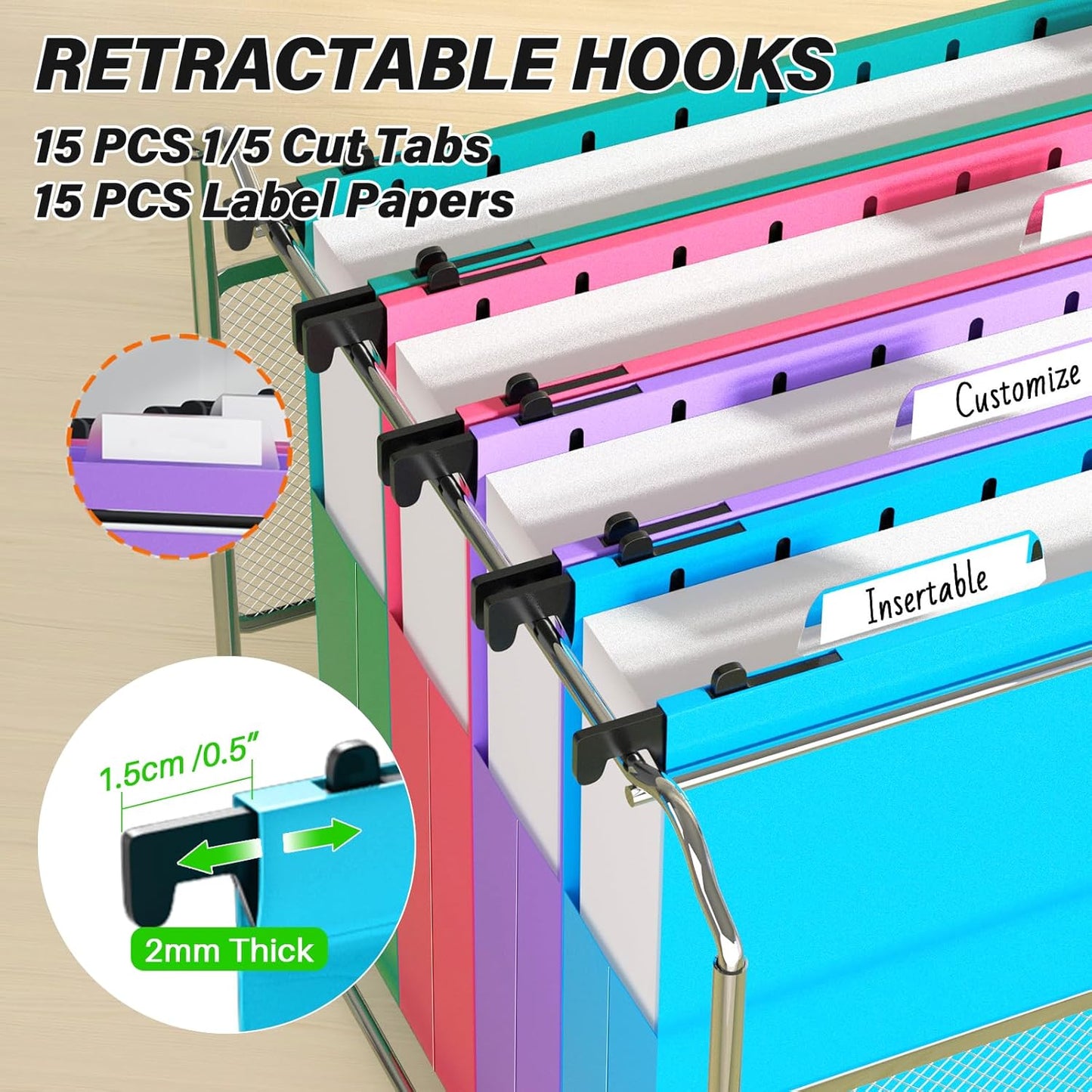 Ansook Extra Capacity Plastic Hanging File Folders Letter Size,Heavy Duty 2" Expanding Accordian Pocket with Black Insert Gasket, Filing Cabinet Folders,6 Pack Colored File Hanging Folders Organizer