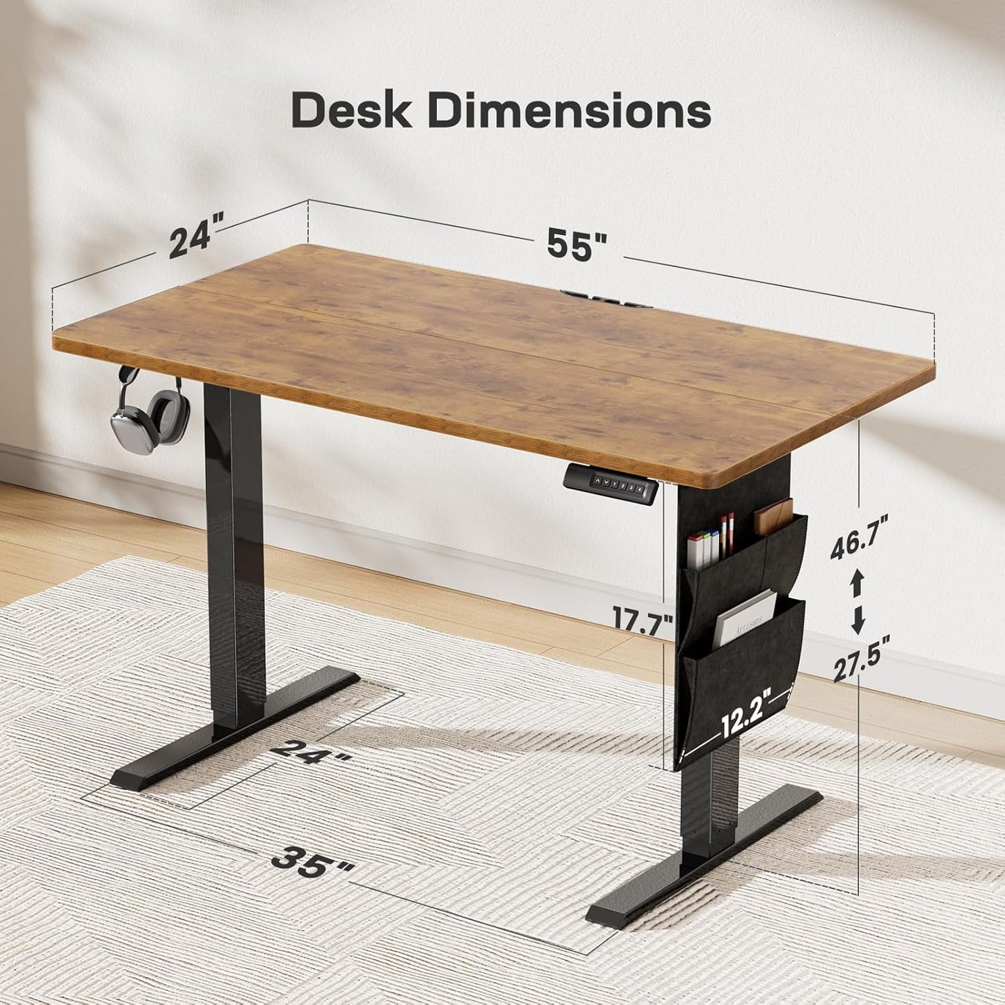 Marsail 55x24 Electric Standing Desk - Adjustable Height Computer Desk with Memory Presets, Storage Bag & Cable Management for Home Office & Gaming Workstations