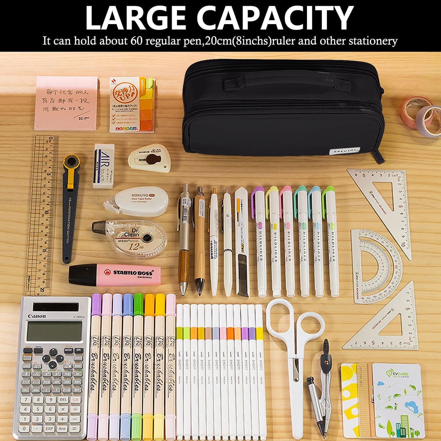 MAMUNU Pencil Case Large Capacity with 3 Compartments, Pencil Case Pouch Bag with Zipper Handle Portable Pen Stationery Organizer for Teen Girls Boys Adults College School Office Travel, Black