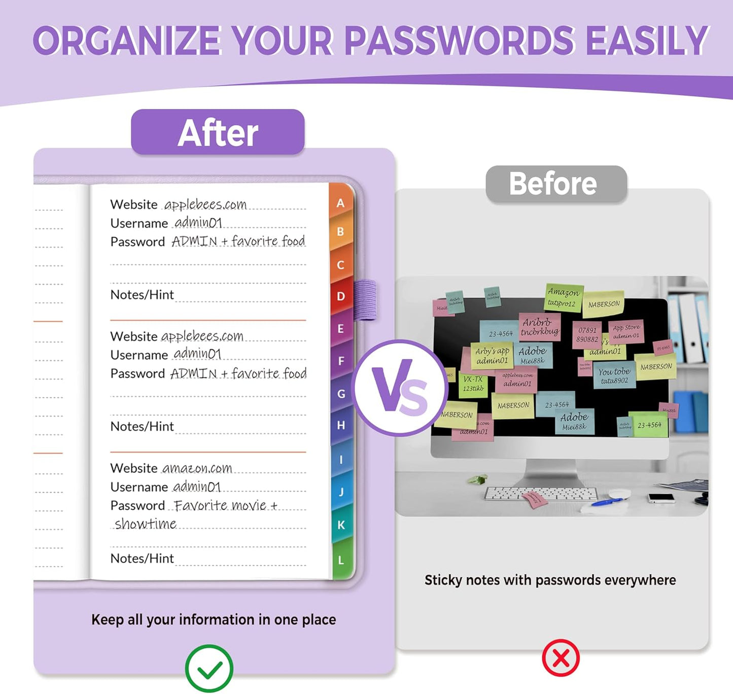 SUNEE Password Keeper Book with Colorful Alphabetical Tabs, Small Pocket Password Book for Internet Website Address Login, Gifts for Home and Office, 4''x 6''- Purple