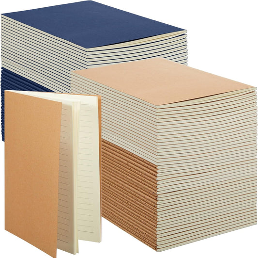 100 Pcs Kraft Notebook Journals 5.5 Inch x 8.3 Inch A5 Softcover Notebooks Bulk for Writing Sketch Office Notepad with 60 Pages 30 Sheets(Brown, Navy,Lined)