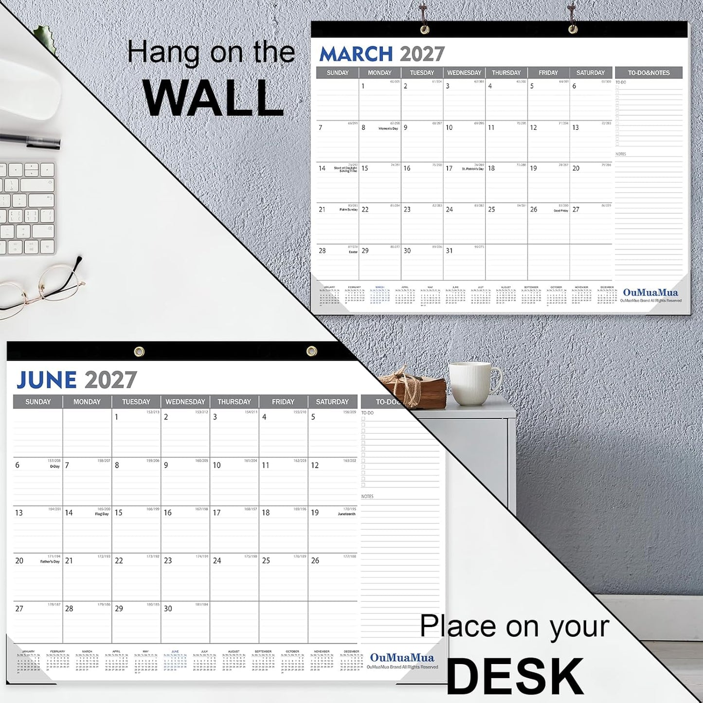 OuMuaMua Large Desk Calendar 2026-2027 - 18 Months from Jan. 2026 through Jun. 2027, 22 x 17 Inches Desktop Wall Calendar with Julian Date To-do & Notes, Corner Protectors for School Home Office