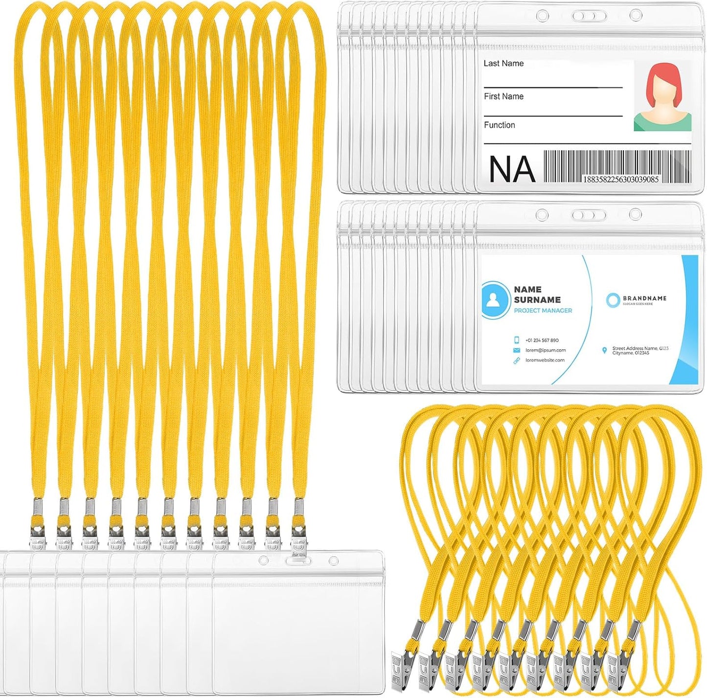 Marspark 50 Sets Clear Name Tags with Lanyard, Lanyards for ID Badges Reusable Strap with ID Holder Plastic Name Badges for Adults Business School Church Conference (Yellow)