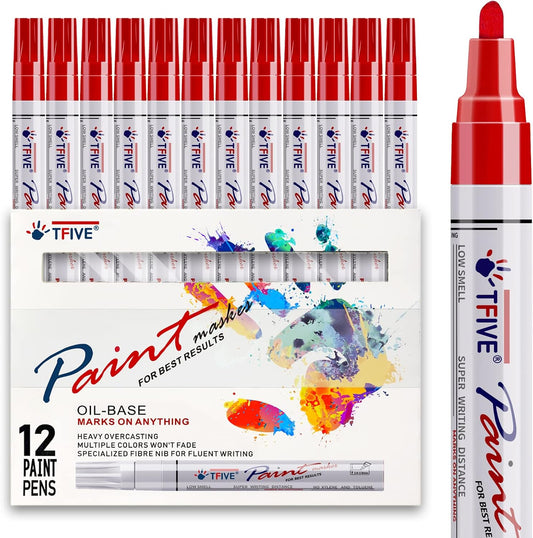 TFIVE Red Paint Pens Markers - 12 Pack Oil Based Permanent Marker, Medium Tip, Never Fade, Quick Dry, Waterproof Paint Pen for Rocks Painting, Wood, Fabric, Plastic, Canvas, Glass, Metal