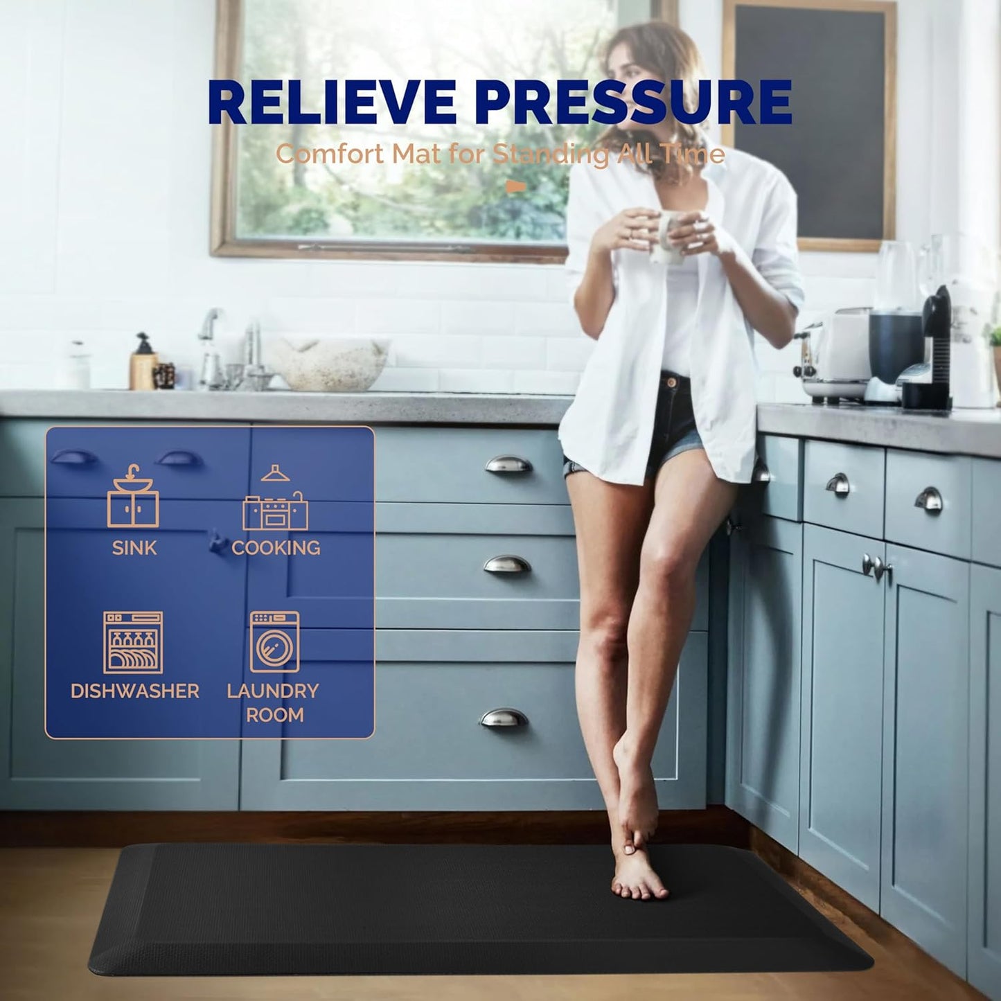 FEATOL Anti Fatigue Mat for Kitchen Floor – 9/10 Extra Thick Cushioned Standing Desk Mat Memory Foam, Ergonomic Floor Padded Comfort at Home, Kitchen, Office, Garage – NOT PVC (20" x 39", Black)