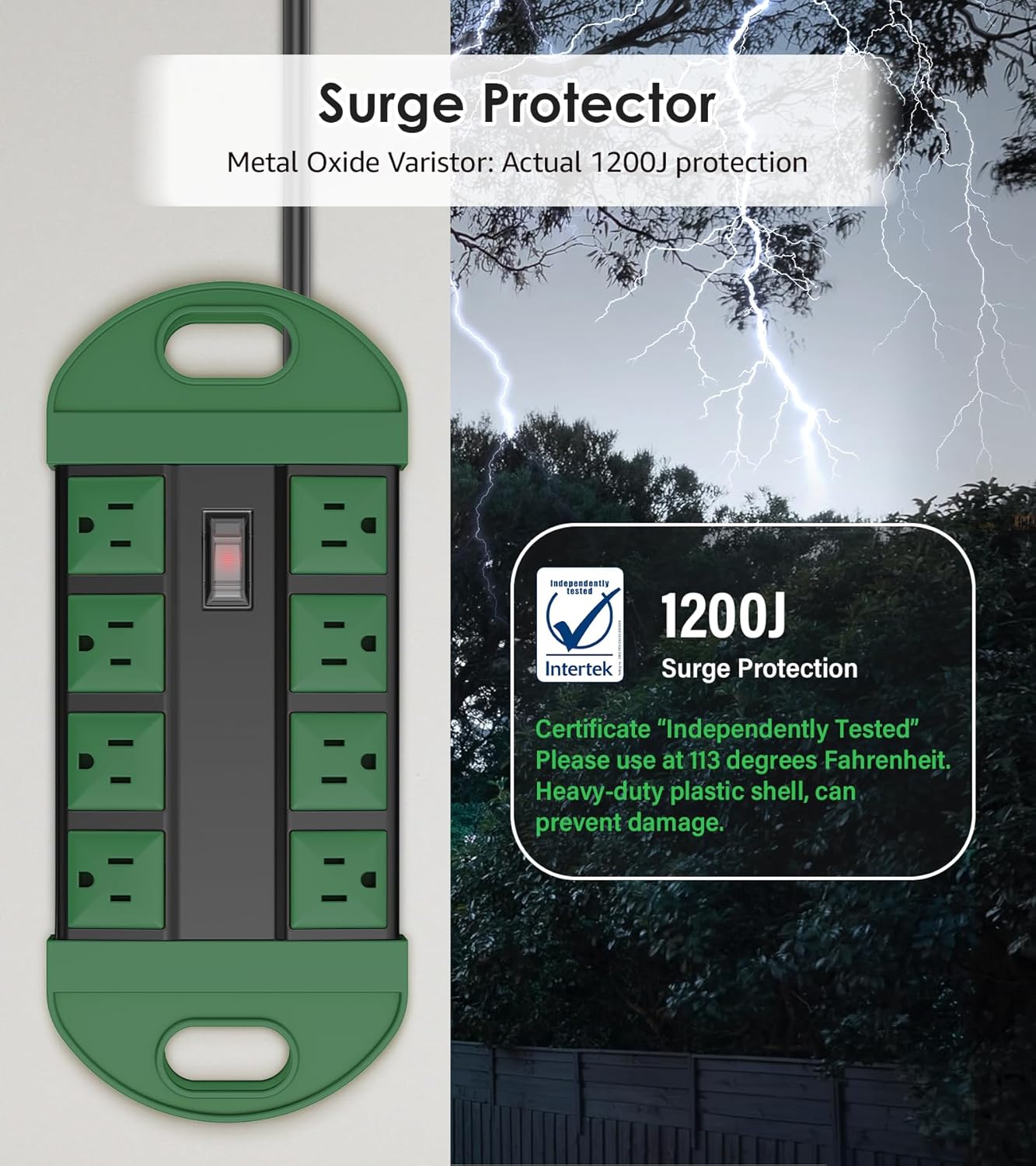CCCEI Outdoor Power Strip Weatherproof with 8 Plug, Waterproof Extension Cord with Multiple Outlets, Christmas Exterior Garden Yard Surge Protector 15FT, Green.