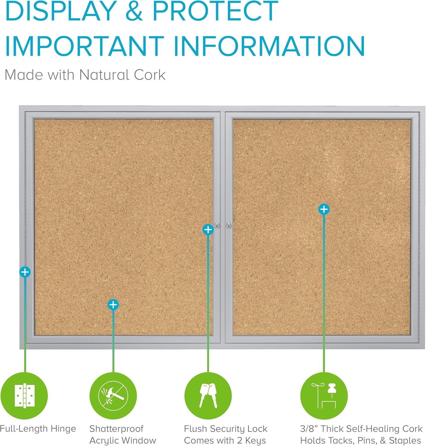 Ghent 36" x 48" 2-Door indoor Enclosed Bulletin Board, Shatter Resistant, with Lock, Satin Aluminum Frame - Natural Cork (PA234K) Made in the USA