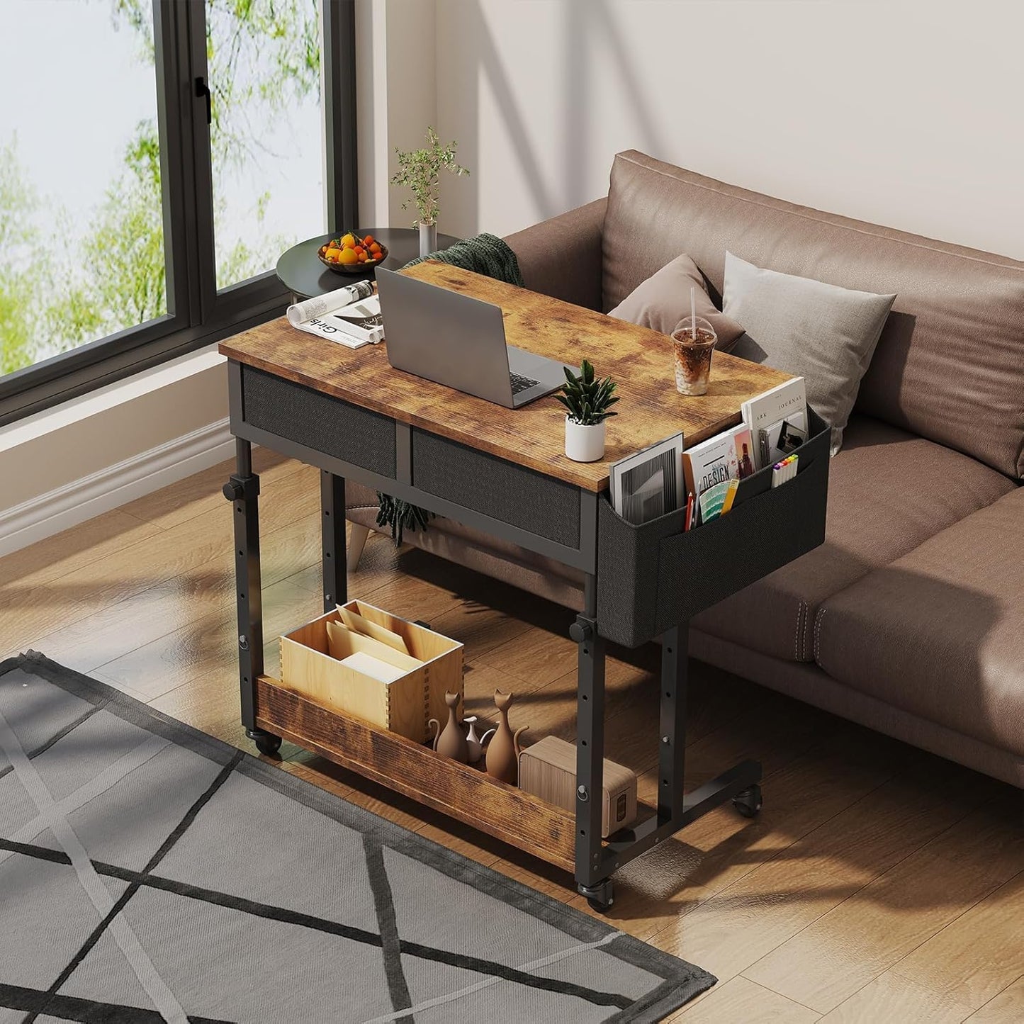 Small Portable Standing Rolling Desk - 32 Inch Adjustable Mobile Stand Up Teacher Desks with 2 Fabric Drawers on Wheels, Couch Sofa Side Laptop Table with Storage for Bedroom Home Office, Rustic Brown