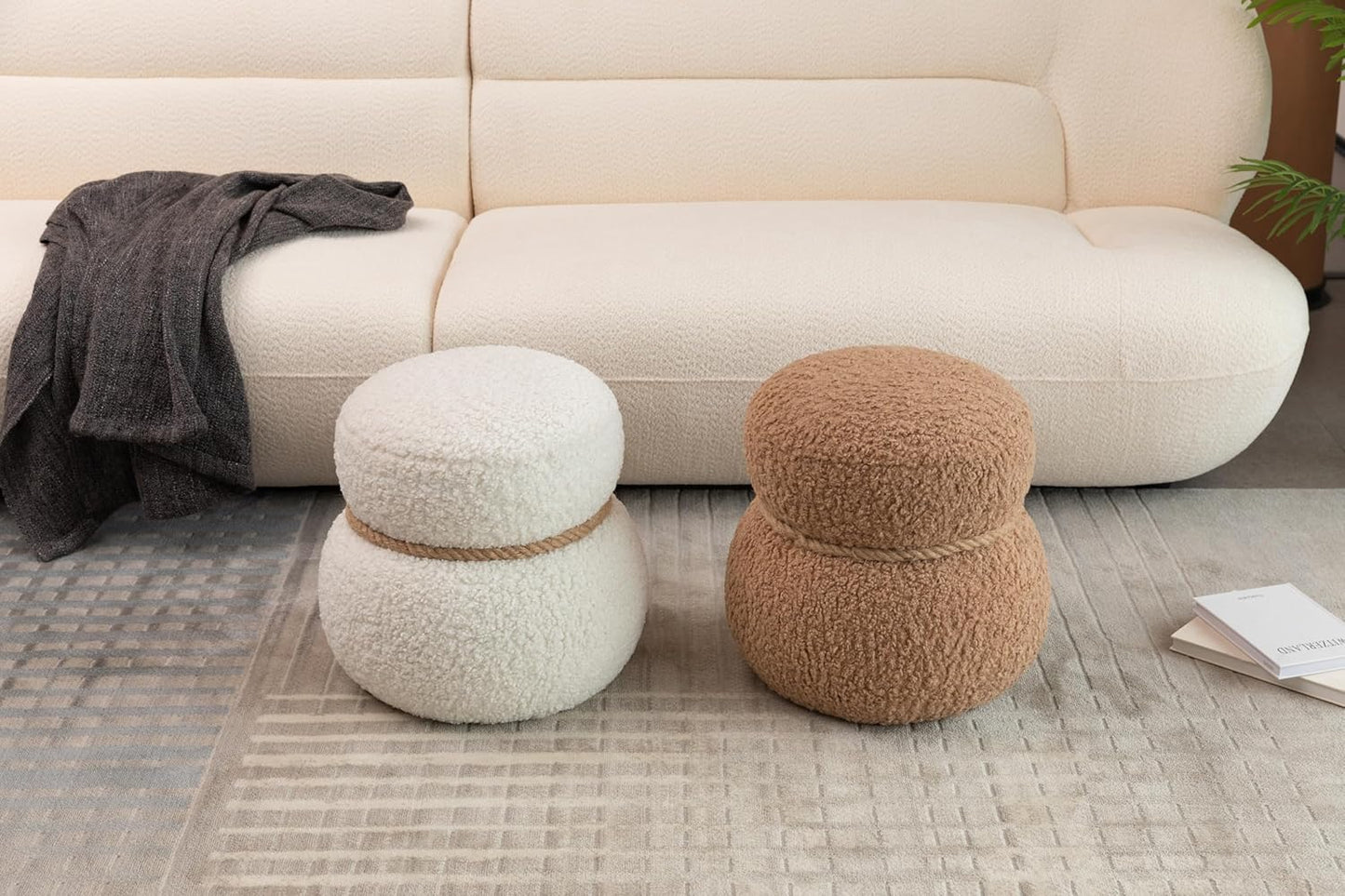 MEETAKING Small Round Foot Stool, Teddy Fabric Footrest Ottoman Stool with Non-Skid Legs, Modern Footstools Step for Couch, Desk, Office, Living Room (Light Brown)