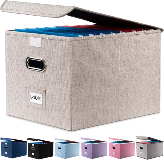 PRANDOM File Organizer Box - Set of 1 Collapsible Decorative Linen Filing Storage Hanging File Folders with Lids Office Cabinet Letter Size Light Grey (15x12.2x10.75 inch)