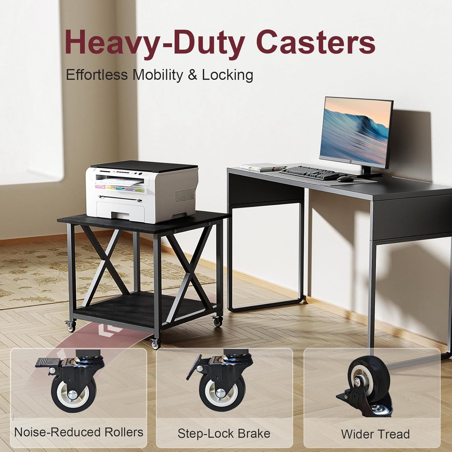 2 Tier Large Printer Stand, 23.6 x 23.6 Inches Printer Table with Storage Shelf, Rolling Printer Cart with Industrial Wheels for Home Office (Black)