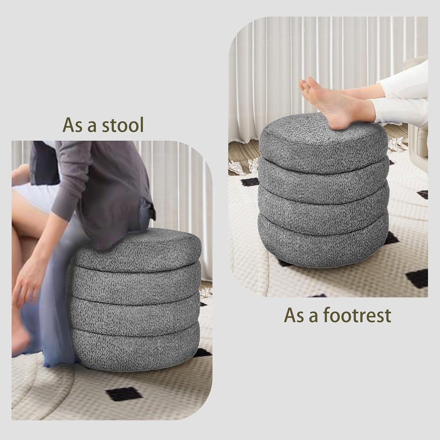 Storage Ottoman, Round Ottoman with Storage, Vanity Stool Foot Rest with Removable Lid, Round Boucle Upholstered for Living Room Pouf Footstool