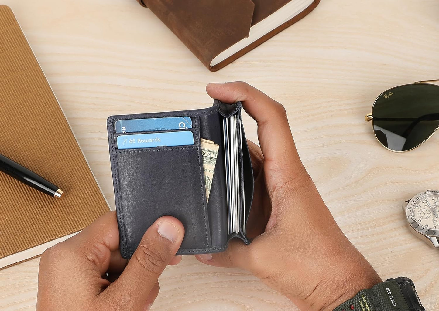 Premium Leather Card Wallet, RFID Blocking Expandable Business Card Case, Bifold Card Holder for Men and Women, Men's Purse, Wallet for Men (Business Card Wallet, Blue)