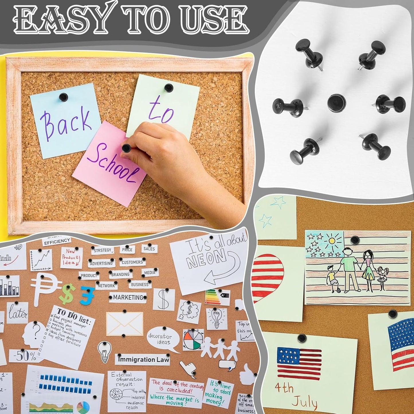 220 Count Black Push Pins Standard Plastic Head Steel Point Thumb Tacks for Cork Board Wall Hanging