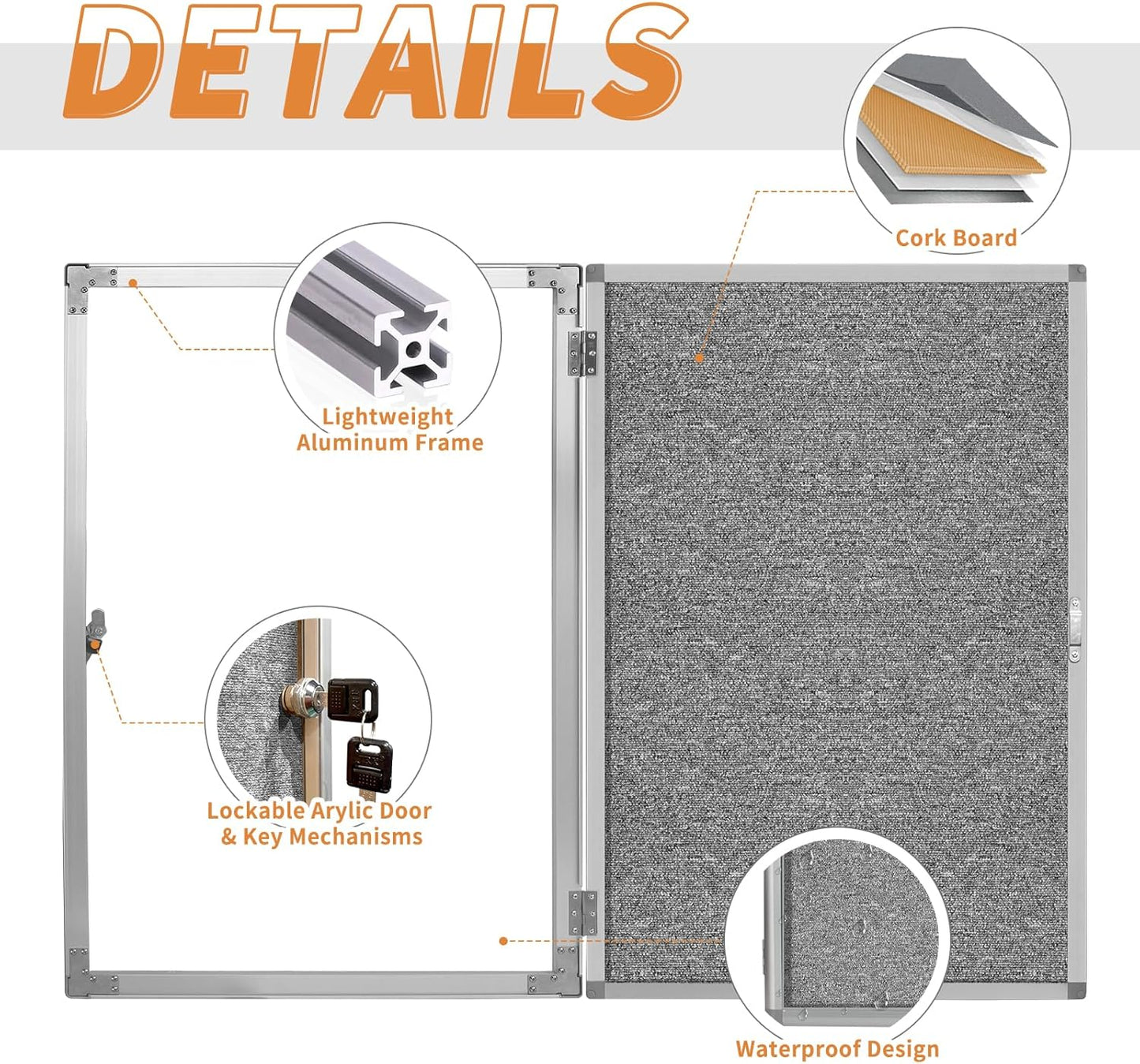 Enclosed Bulletin Board,Outdoor Weatherproof, Display Case Message Board with Acrylic Locking Door, Felt Grey,Aluminum Frame,36x24 Inch (5xA4)