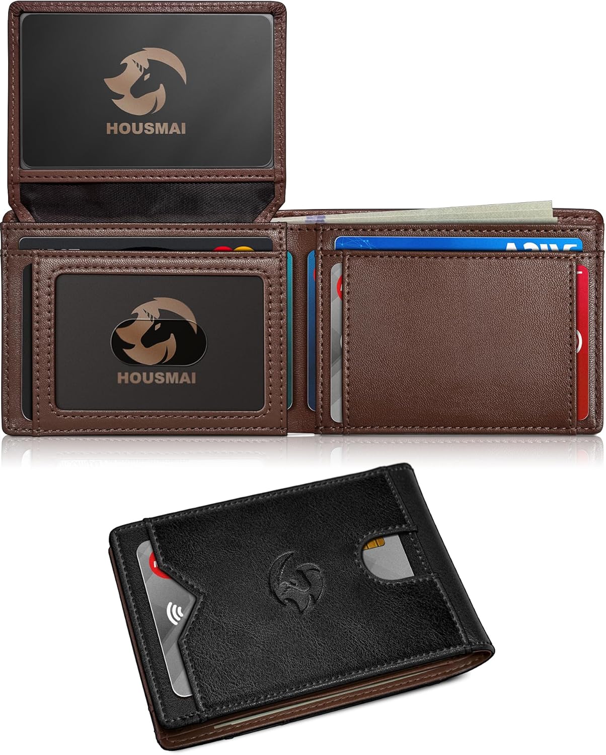 Wallet for Men Wallet with Cash Pocket 2 ID Window 13 Cards,Slim Leather Wallet Front Pocket Card Holder RFID Blocking with Gift Box