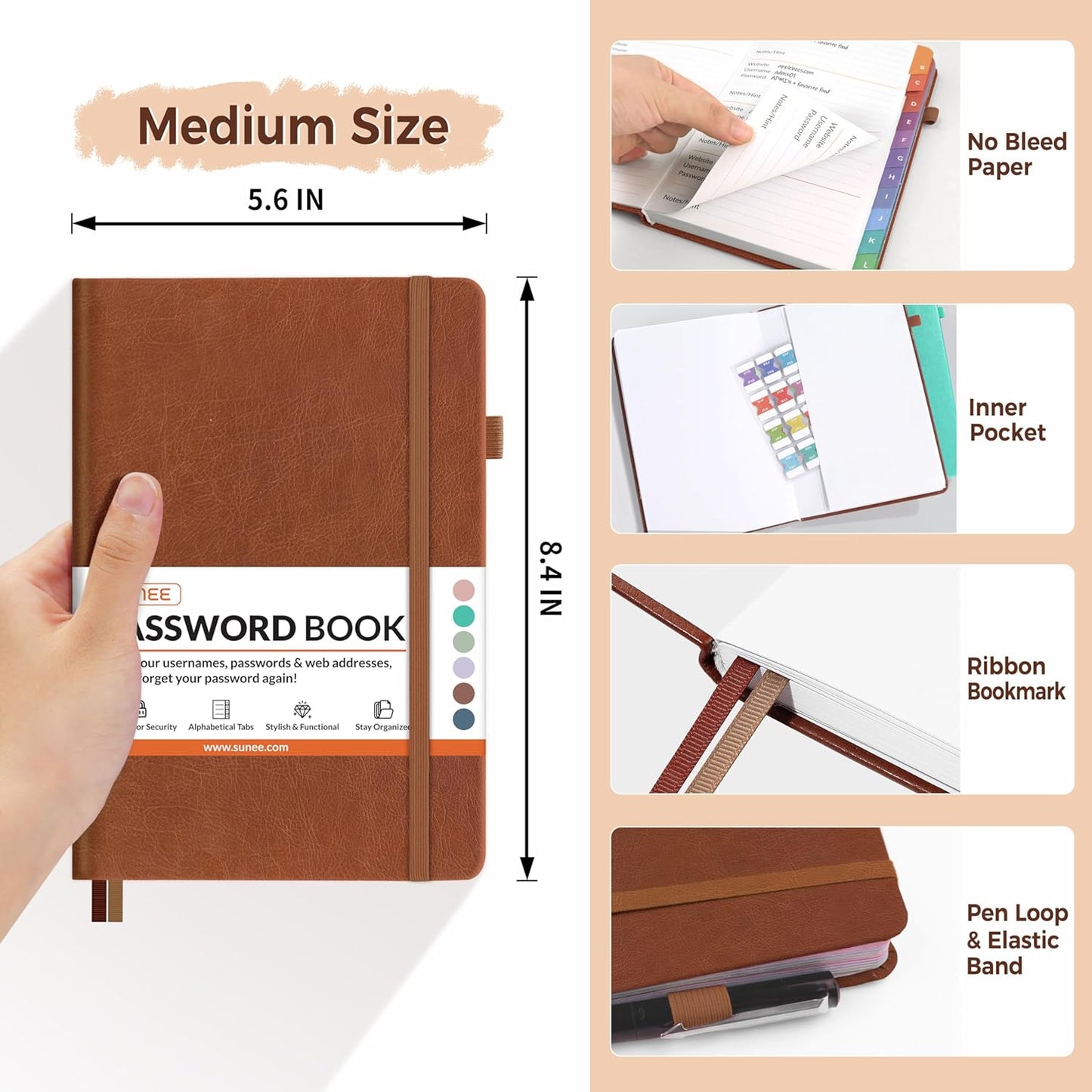 SUNEE Password Book with Colorful Alphabetical Tabs, Password Books for Seniors, Password Keeper Book for Computer and Internet Address Website Login, 5.3''x 7.7''- Brown