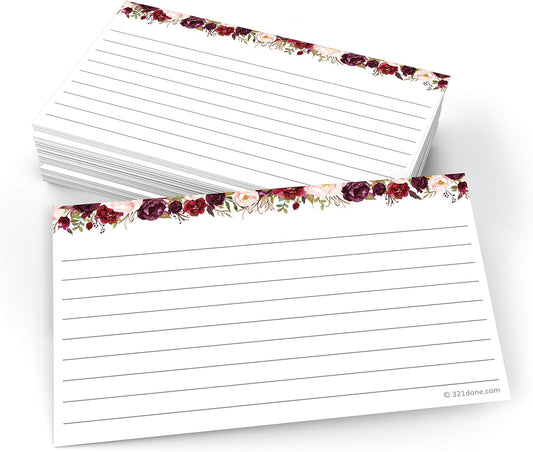 321Done Floral Ruled Index Cards - Made in USA – Small 3x5 (Set of 50), Narrow-Ruled Lined Notecards Double-Sided, Thick Heavy Duty Cardstock, Cute Pretty Flowers Red Roses on White Note Cards Lines