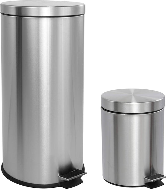 happimess HPM1000A Oscar 8-Gallon Step-Open Trash Can with Free Mini Trash Can, Modern, Fingerprint Proof for Home, Kitchen, Office, Large:7.9 Gallon Small:1.3 Gallon, Stainless Steel