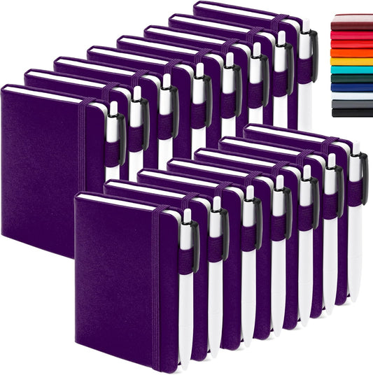 feela 15 Pack Pocket Small Notebooks Bulk, Mini Cute Notepads Hardcover College Ruled Lined Journals with Pen Holder for School Business Memos, with 15 Black Pens, 3.5”x 5.5”, A6, Purple