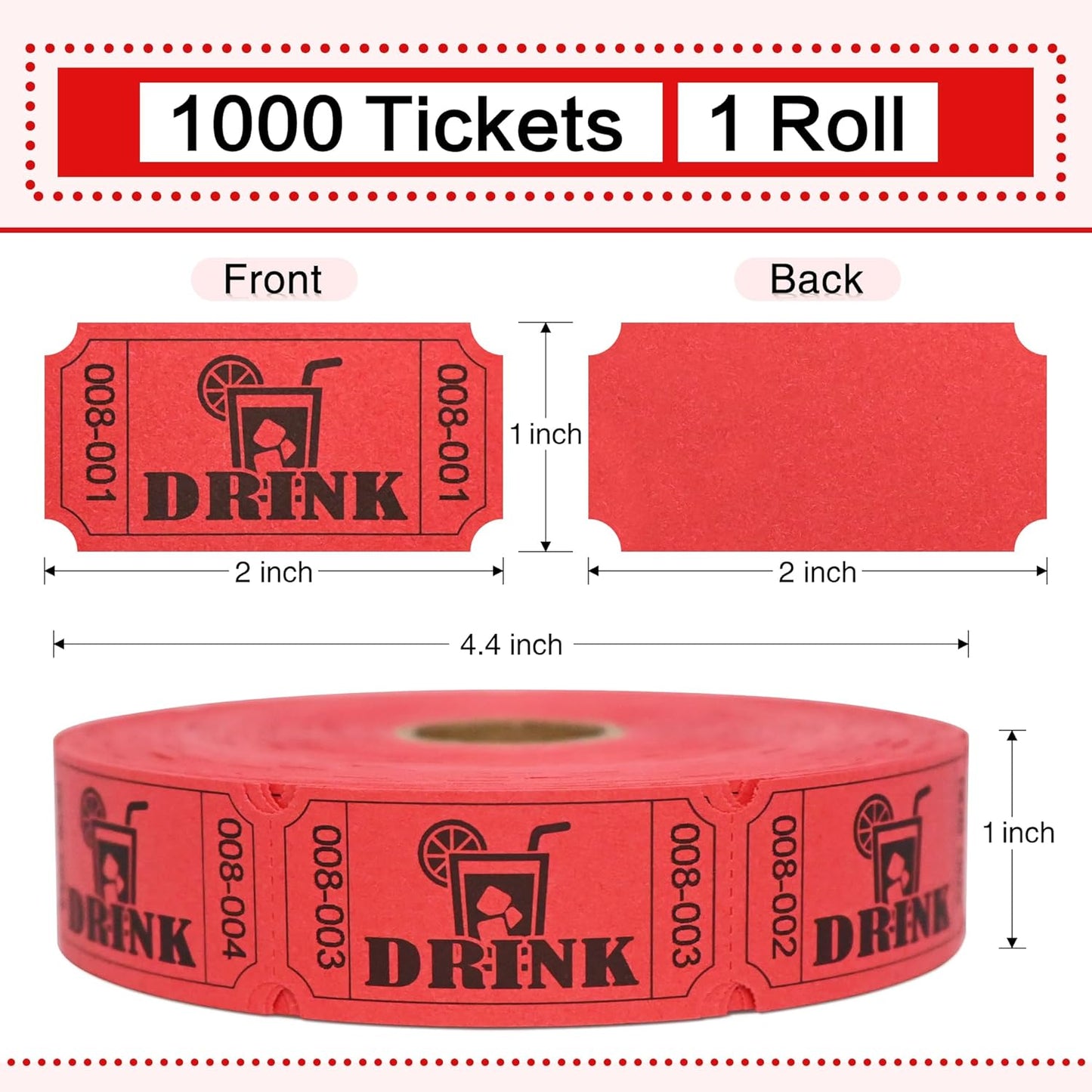 ESSENTIAL 1000 Raffle Tickets Rolls, Drink Tickets Single Roll for Events, Leisure, Movie Watching, Entertainment, Class Reward & Prizes (Red - 5 Color Selection)