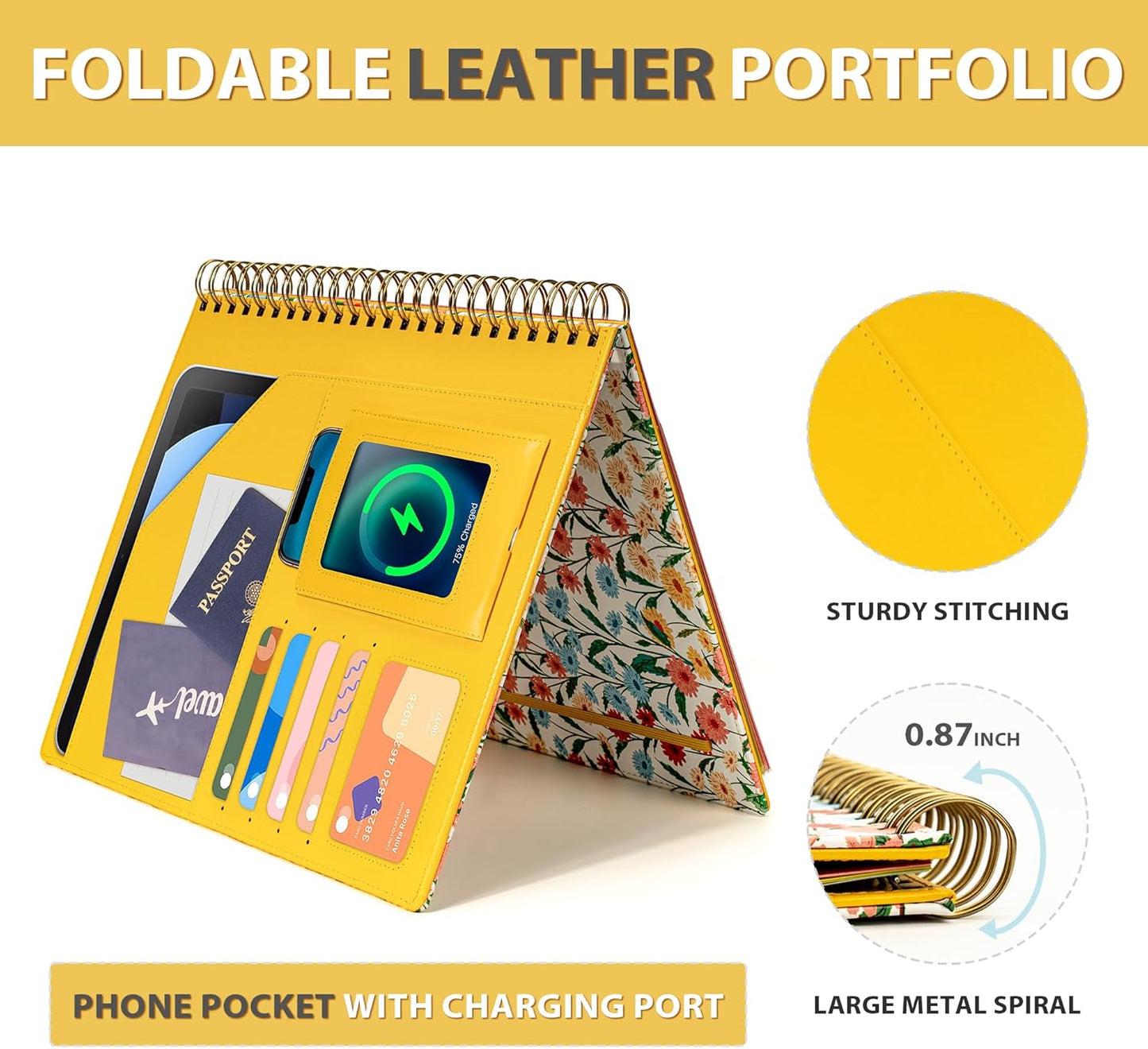 Clipboard with Storage for Men Women, Leather Padfolio Portfolio Organizer 5 Folders with 10 Pockets, Spiral Clipboard Folio with Notepad for Letter Size, Elastic Closure and Pen Loop Floral