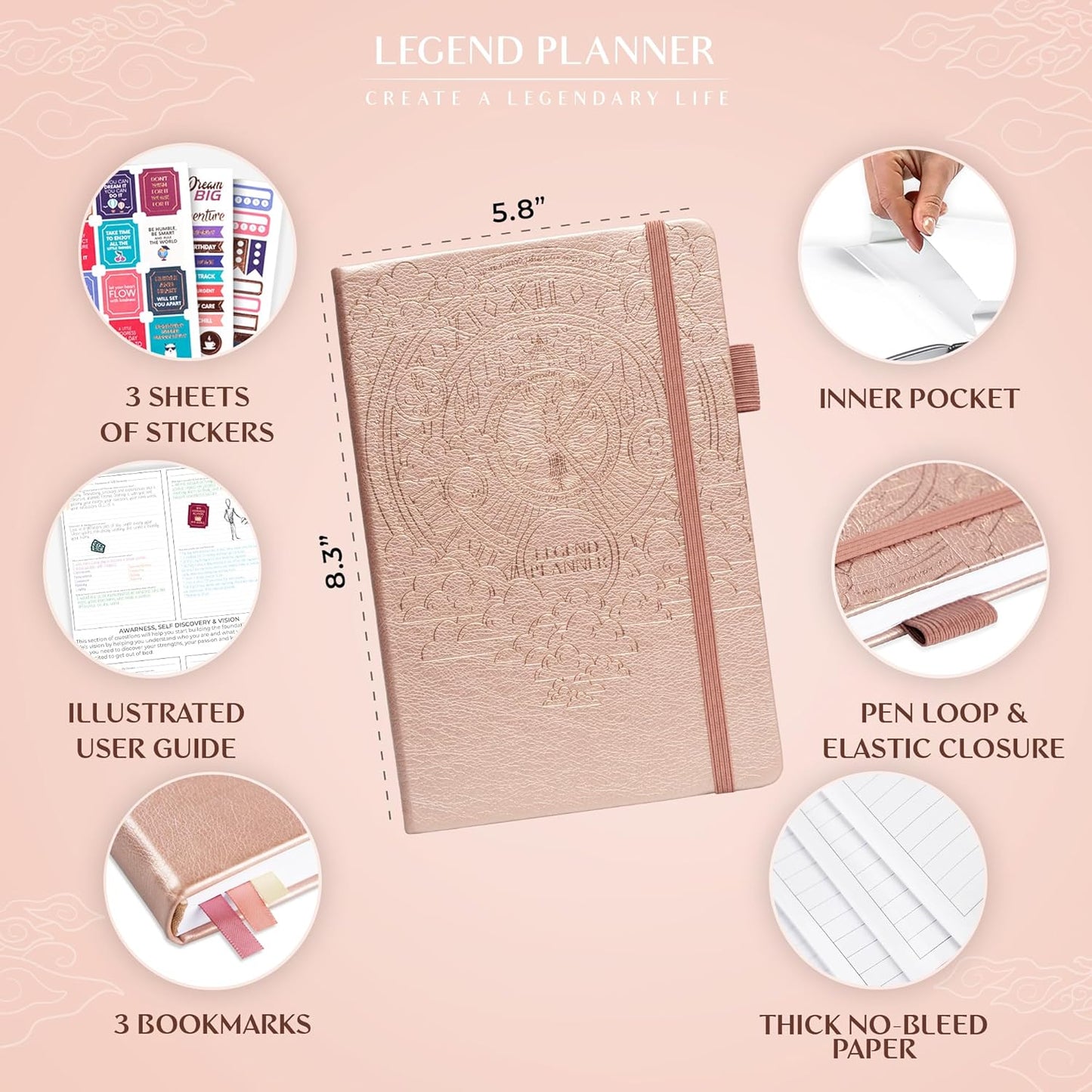 Legend Planner Hourly Schedule Edition – Deluxe Weekly & Daily Organizer with Time Slots. Time Management Appointment Book Journal for Work & Personal Life, Undated, A5 Hardcover – Rose Gold Gold