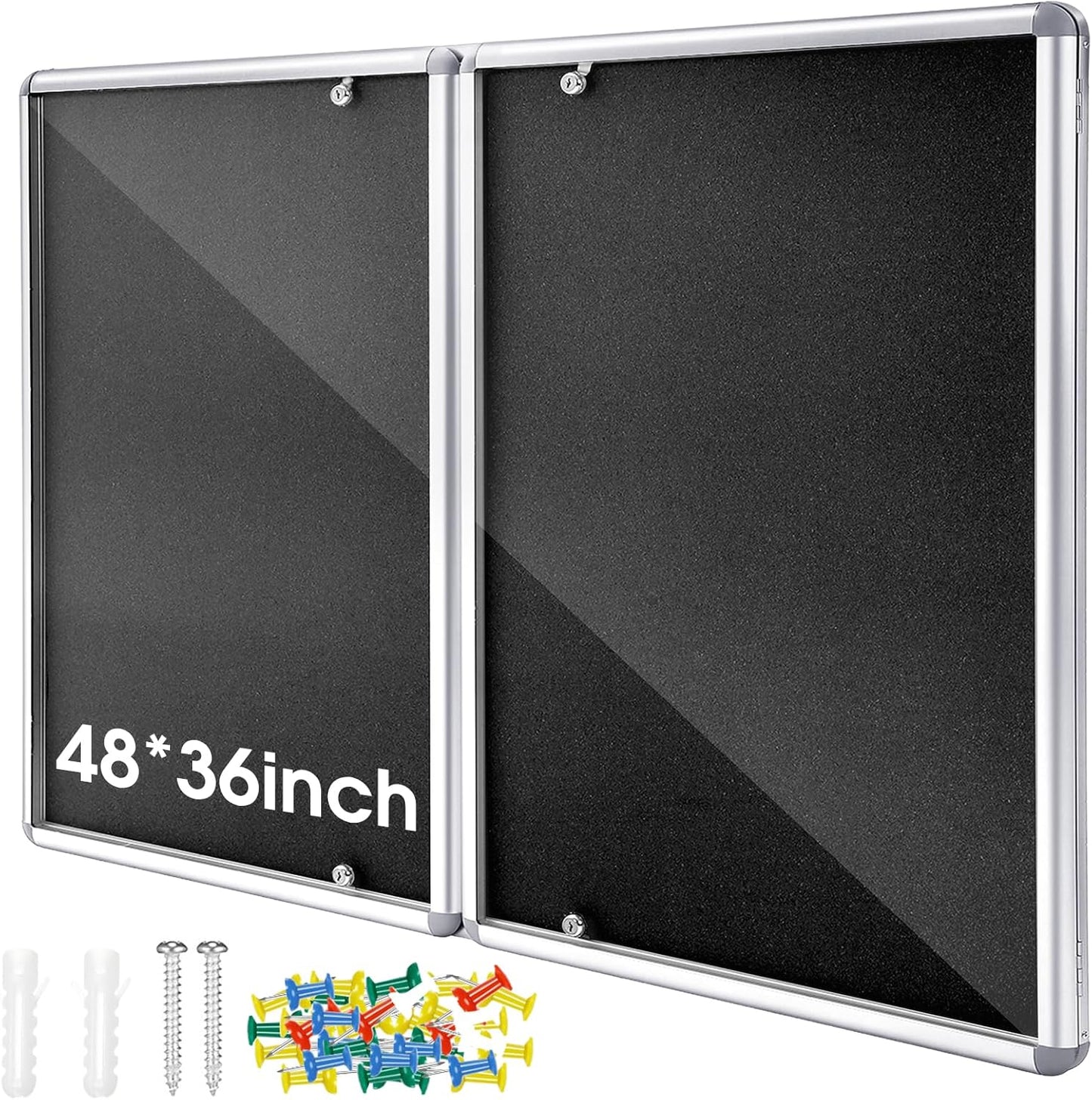 Enclosed Bulletin Board 48" x 36" Weather Resistant Lockable Notice Cork Display Board Wall Mounted 2 Locking Door for School Classroom Commercial Back to School, 12 x A4(Black, Silver Frame)