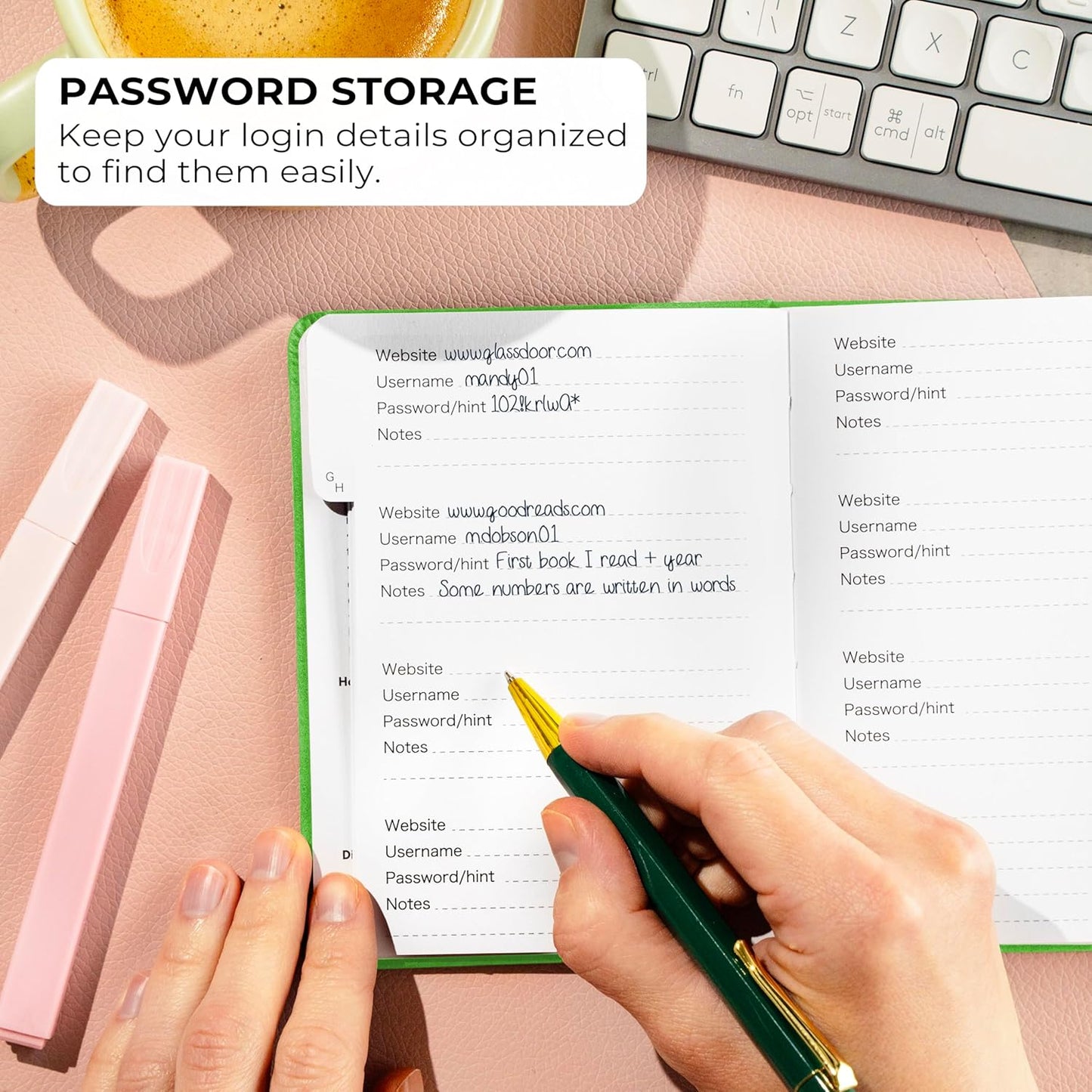 Clever Fox Password Book with alphabetical tabs. Internet Address Organizer Logbook. Small Pocket Password Keeper for Website Logins (Green)