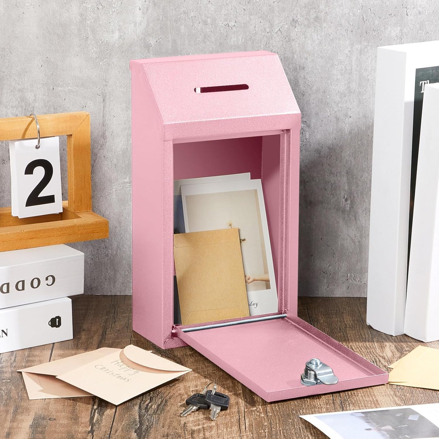 Metal Donation Cash Box Collection Safe Suggestion Box with Lock Wall Mounted Mailbox Delivery Ballot Container for Home Office Outdoor Door(Pink)