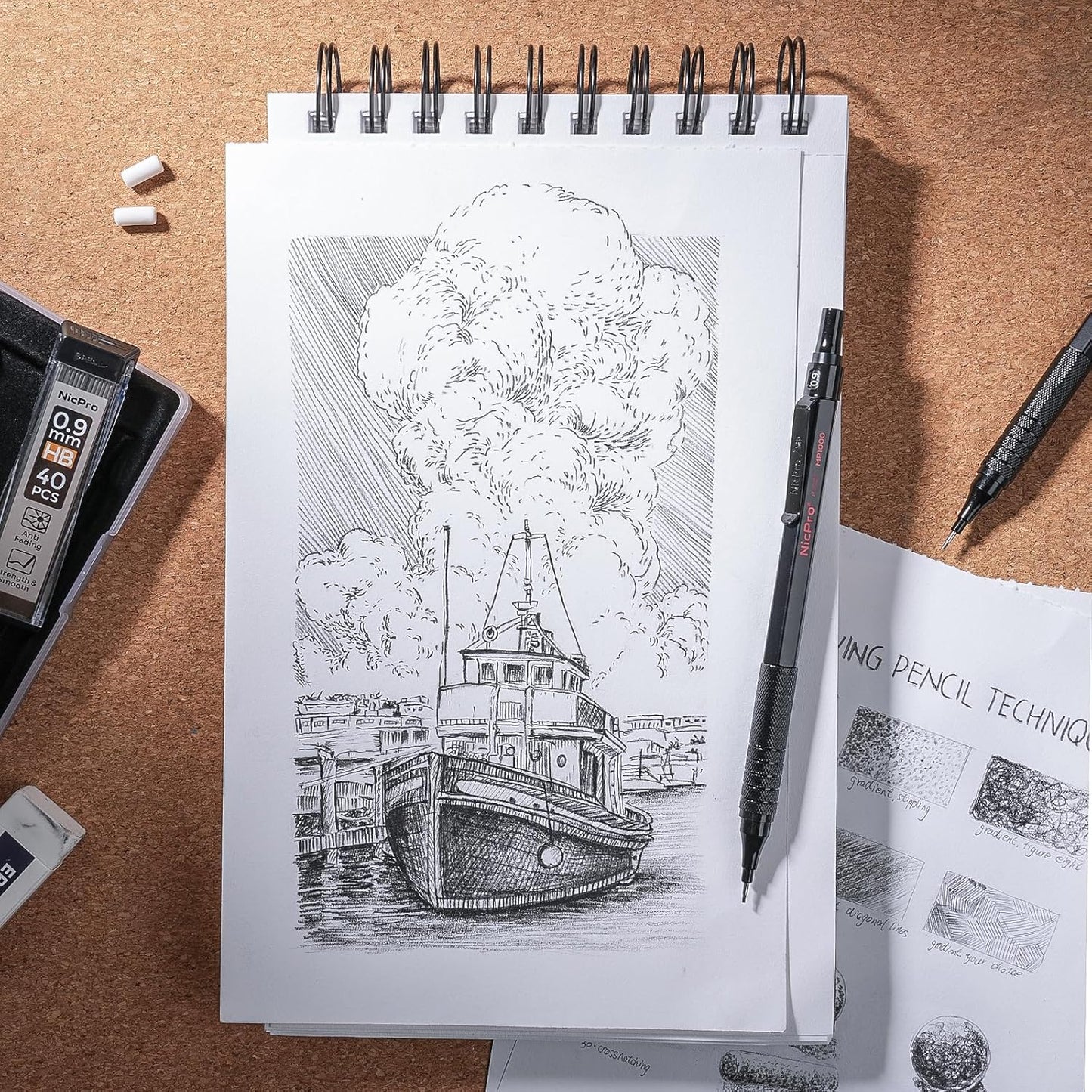 Nicpro 0.9 Metal Mechanical Pencil Set with Case, 3PCS Black MP1000 0.9mm Drafting Pencil, 8 Tubes HB Lead Refills, 3PCS Erasers, Erasers Refills for Artist Writing, Drawing, Sketching