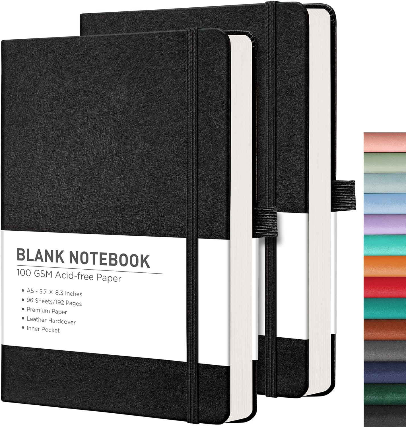 RETTACY Blank Journal Notebook, 2-Pack, 192 Pages per Pack, A5 Medium Size (5.7'' x 8.3''), Leather Hardcover, 100 GSM Thick Paper, for Sketching, Drawing, Painting (Black & Black)