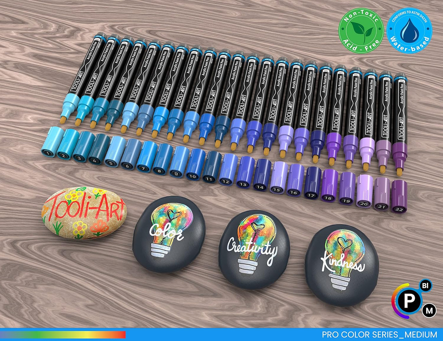 TOOLI-ART 22 Acrylic Paint Markers Paint Pens Pro Color Series Set 3mm Medium Tip for Rock Painting, Glass, Mugs, Wood, Metal, Glass Paint, Canvas, DIY. Non Toxic, Waterbased, Quick Drying (BLUES)
