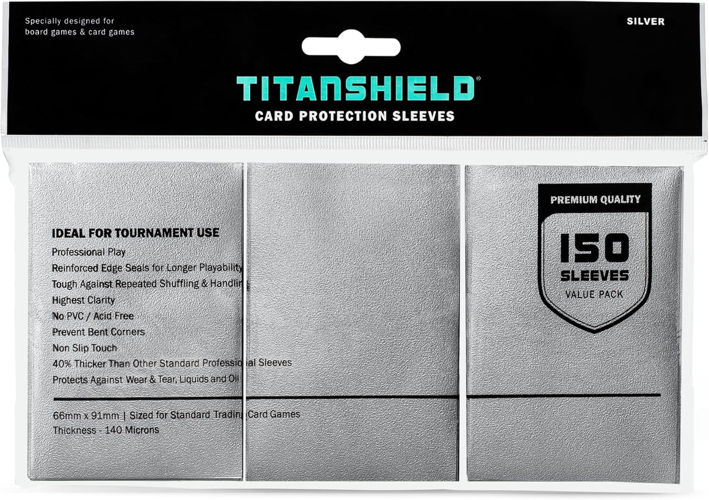 TitanShield (150 Silver Sleeves) Compatible with MTG Magic The Gathering, Lorcana, Board Games and Trading Cards 2.5" x 3.5" 66x91mm