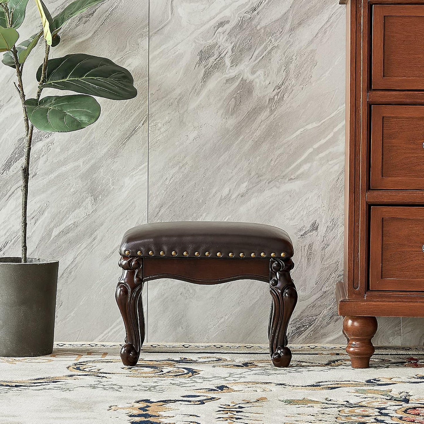 Foot Stool Ottoman Foot Rest Microfiber Leather Upholstered Footstool for Sofa, Living Room, Entryway, Solid Wood Stool (Black Brown)