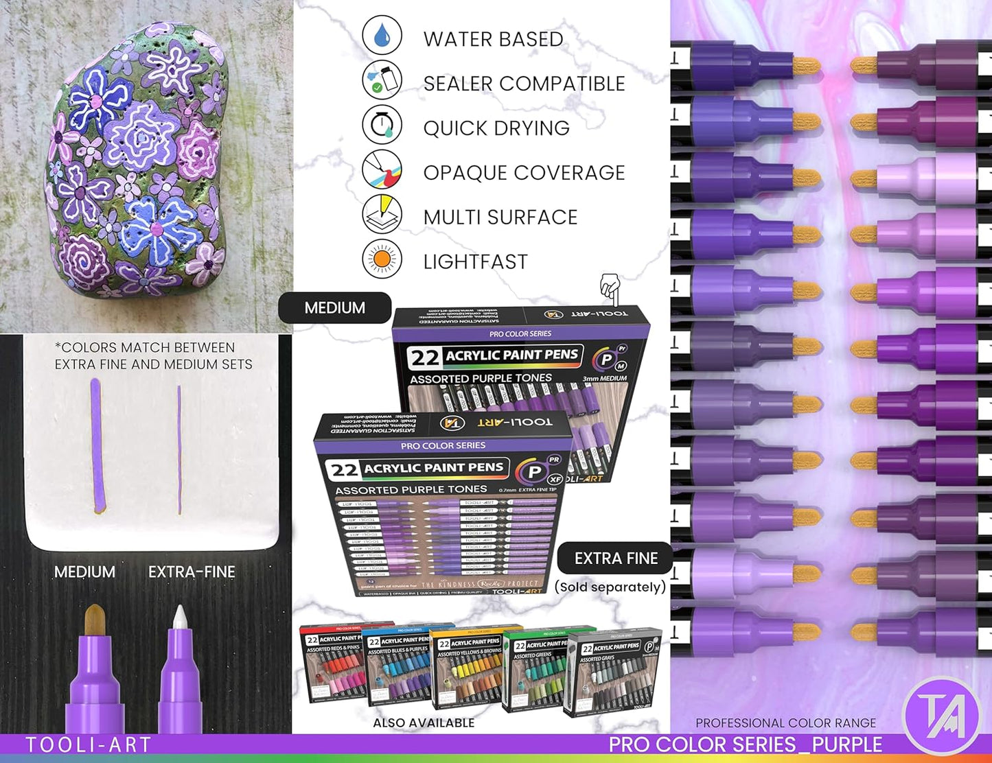 TOOLI-ART 22 Acrylic Paint Markers Paint Pens Pro Color Series Set 3mm Medium Tip for Rock Painting, Glass, Mugs, Wood, Metal, Glass Paint, Canvas, DIY. Non Toxic, Waterbased, Quick Drying (PURPLE)