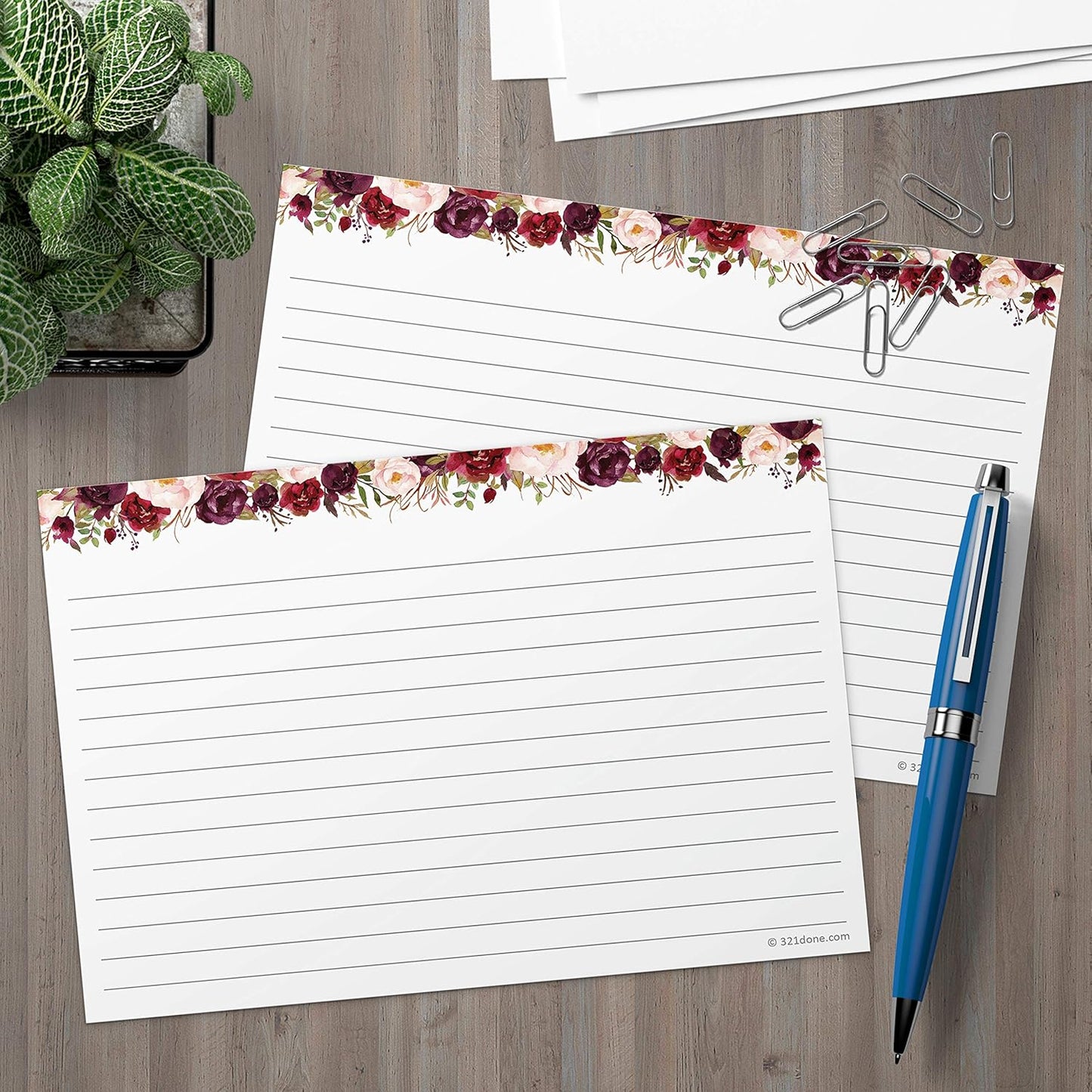 321Done Jumbo Floral Index Cards - Made in USA – Large 5x7 (Set of 50), College-Ruled Lined Notecards Double-Sided, Thick Heavy Duty Cardstock, Cute Pretty Flowers Red Roses on White Note Cards, XL