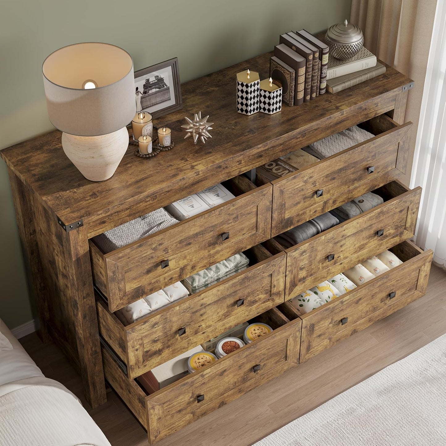 6-Drawer Dresser, Modern Wooden Storage Chest of Drawers, Dresser TV Stand, Wood Drawer Organizer with Metal Handles for Bedroom, Living Room, Hallway