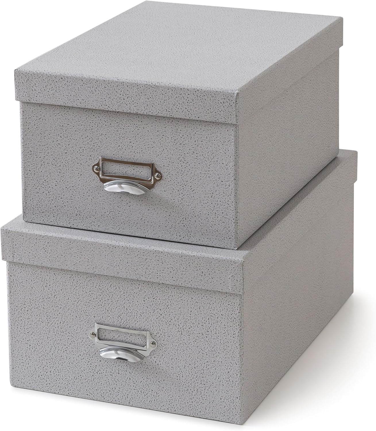 Soul & Lane Decorative Cardboard Storage Boxes with Lids, Set of 2 Stacking Keepsake Photo and Memory Boxes for Home & Office, Paperboard Organizers with Label Holders and Drawer Pulls, Cloud Gray