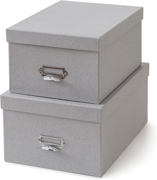 Soul & Lane Decorative Cardboard Storage Boxes with Lids, Set of 2 Stacking Keepsake Photo and Memory Boxes for Home & Office, Paperboard Organizers with Label Holders and Drawer Pulls, Cloud Gray