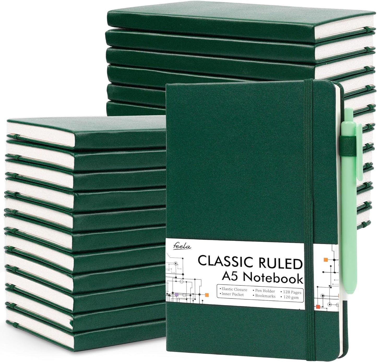 feela 24 Pack Journal Notebook for Work, Business Notebook Bulk Hardcover Lined Writing Journal with Pen Holder for Men Women Note Taking, with 24 Black Pens, 120 GSM, 5.1”x8.3”, A5, Dark Green