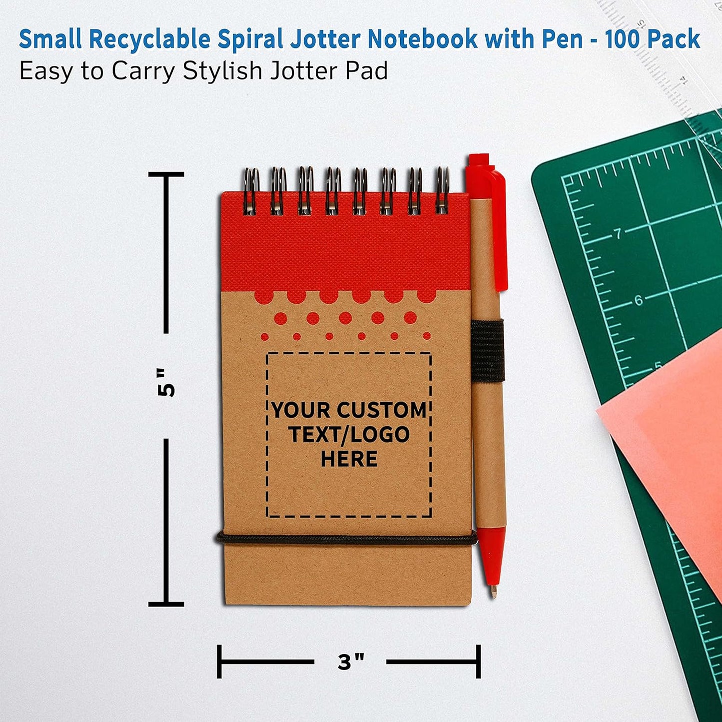 DISCOUNT PROMOS 100 Recyclable Spiral Small Notebooks Pack - Customizable Text, Logo - 60 Lined Pages - Red