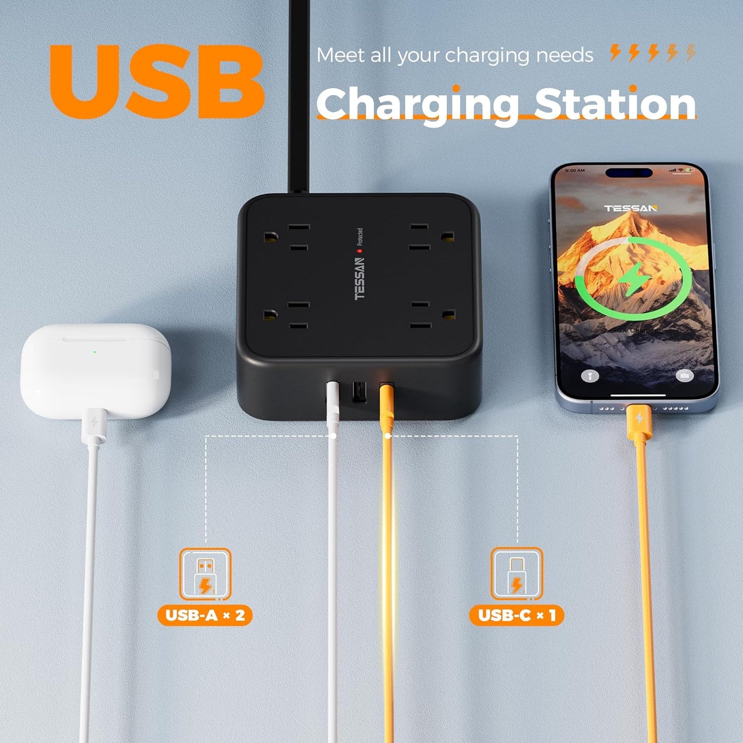 Surge Protector Power Strip, TESSAN 5 FT Black Flat Extension Cord with 8 AC Outlets 3 USB Ports (1 USB C), 900J Protection, 1875W, 3 Sided Wall Plug Extender, Desk Charging Station for Office, Dorm