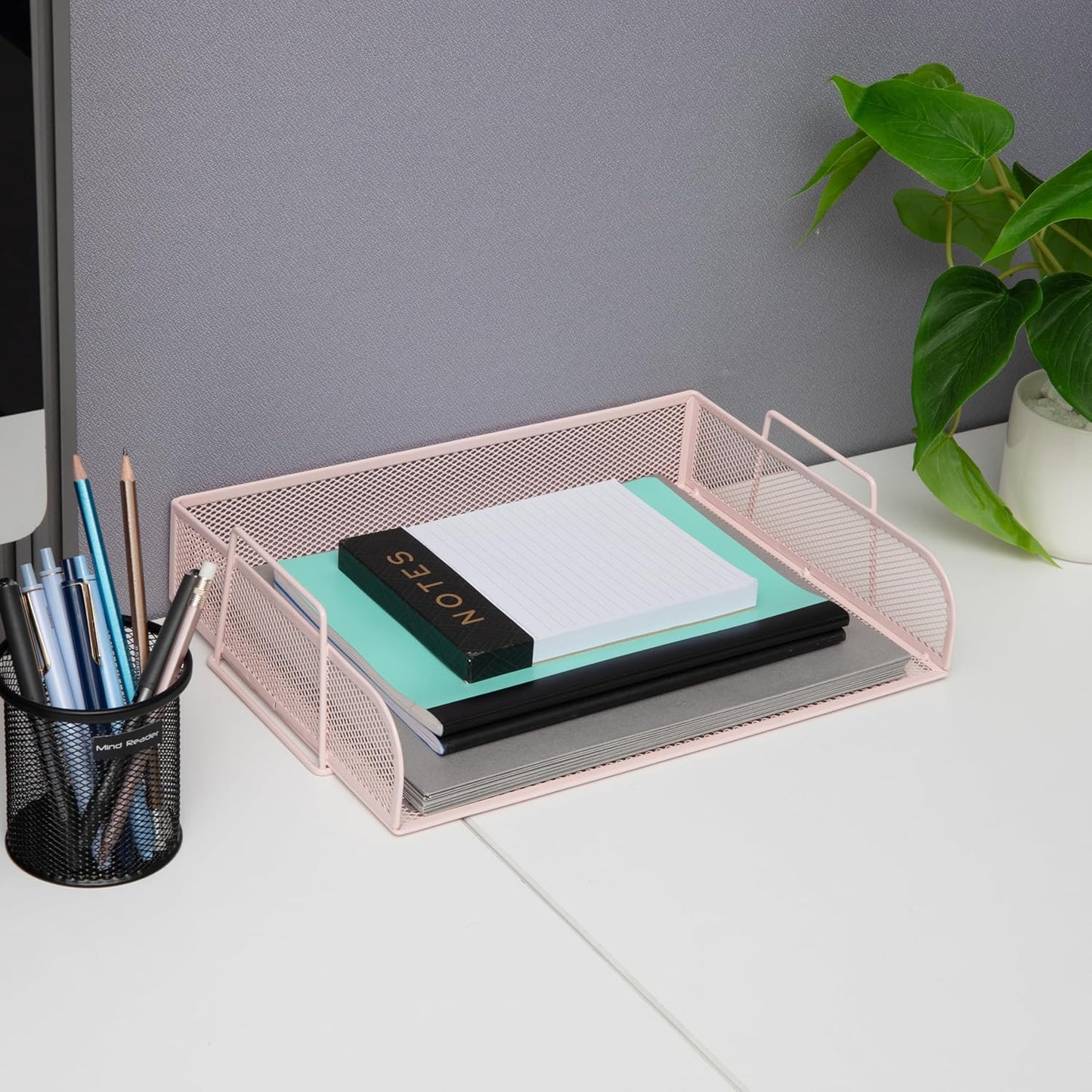 Mind Reader Stackable Paper Tray, Desktop Organizer, File Storage, Office, Metal Mesh, 13.25" L x 9.75" W x 6.25" H, 2 Pcs., Pink