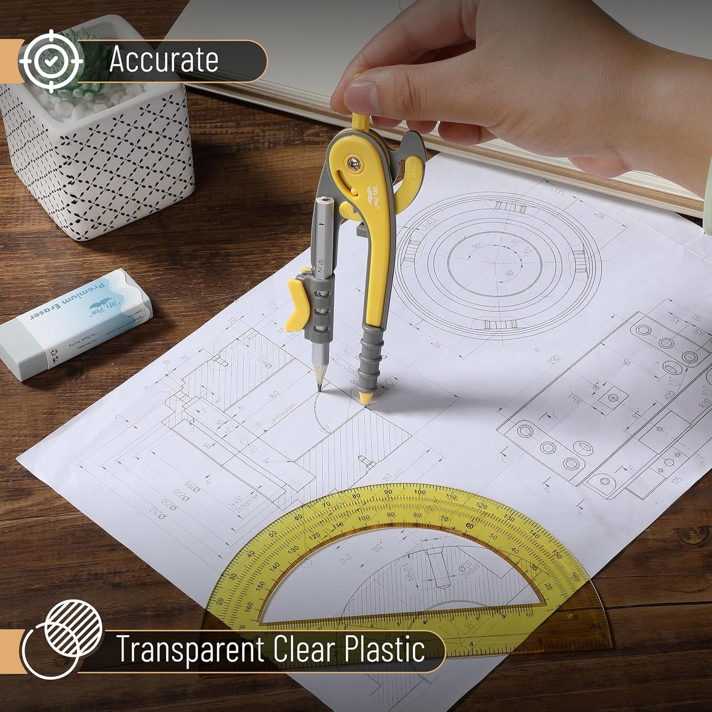 Mr. Pen- Compass and Protractor Set, Yellow, Compass Geometry Tool, Protractor and Compass Set, Compass Drawing Tool, Drawing Compass, Geometry Compass, Math Compass for Geometry
