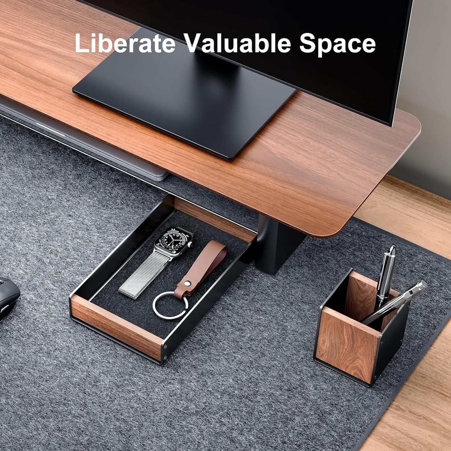 UPERGO Walnut Desk Tray with Pen Holder Set, Natural Wooden Desk Drawer Organizer Office, Organizer Tray for Keys, Pen, Watch